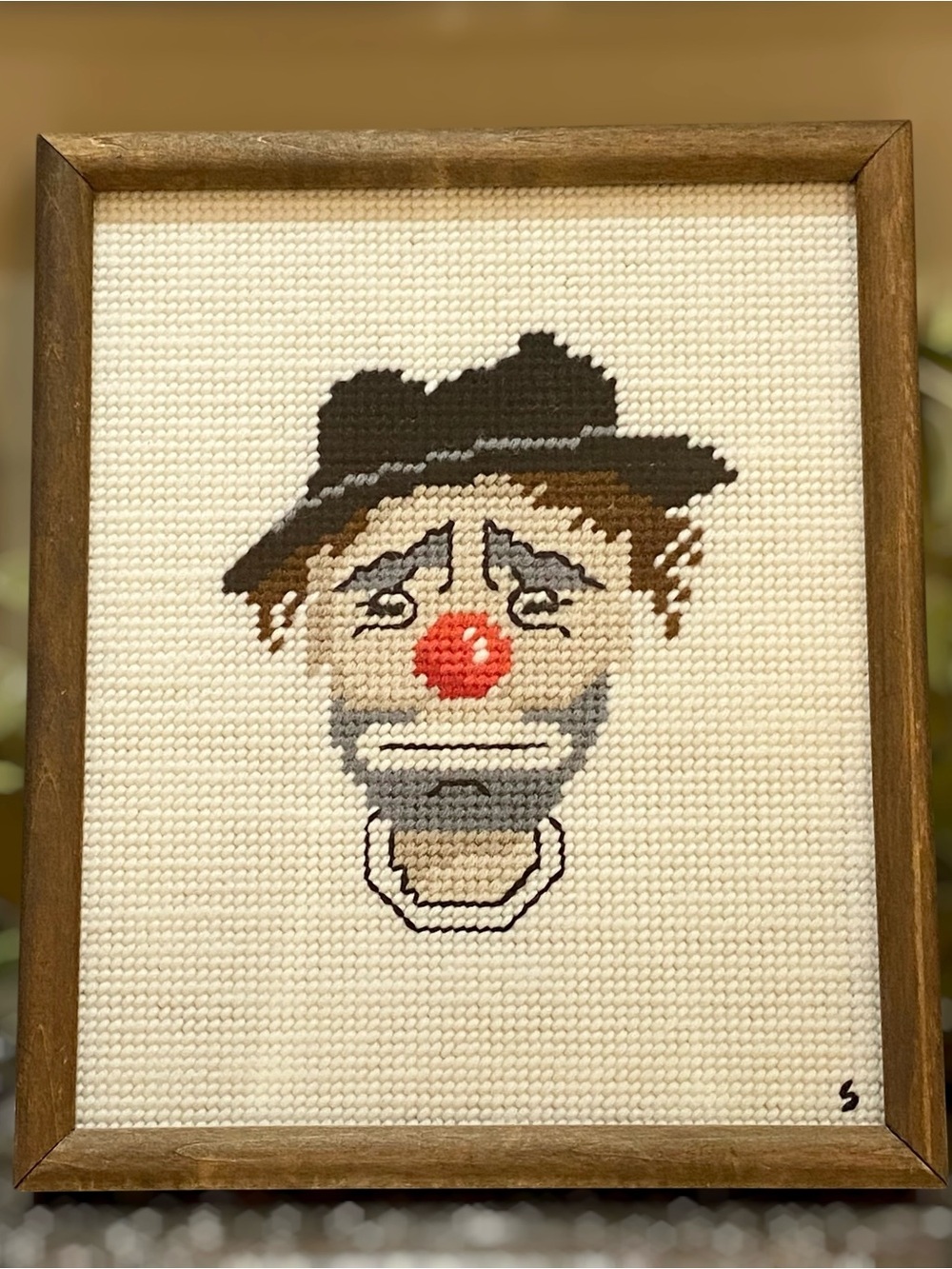 Vintage Needlepoint Clown Wood Frame Under Glass Wall Hanging Hobo